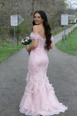 Glamorous Off-the-Shoulder Pink Sequin Mermaid Prom Dress with 3D Floral Accents,OLP1882