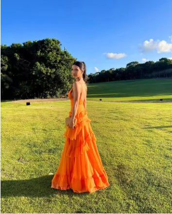 Elegant Orange V-Neck A-Line Long Prom Dress Ideas, Evening Party Dresses, OLP1282