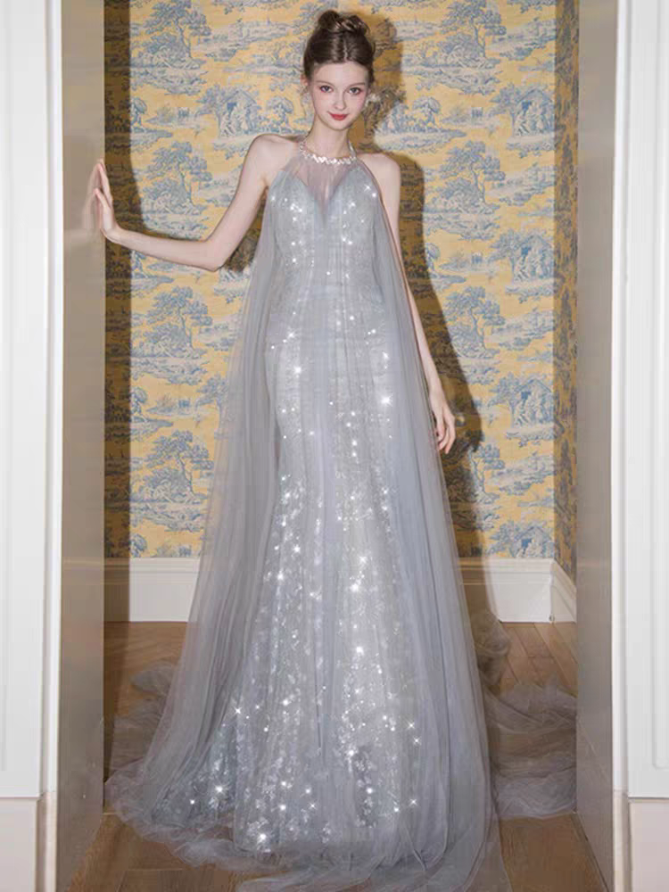 Shiny Silver Halter A-Line Long Prom Dress Ideas, Evening Party Dresses, OLP1370