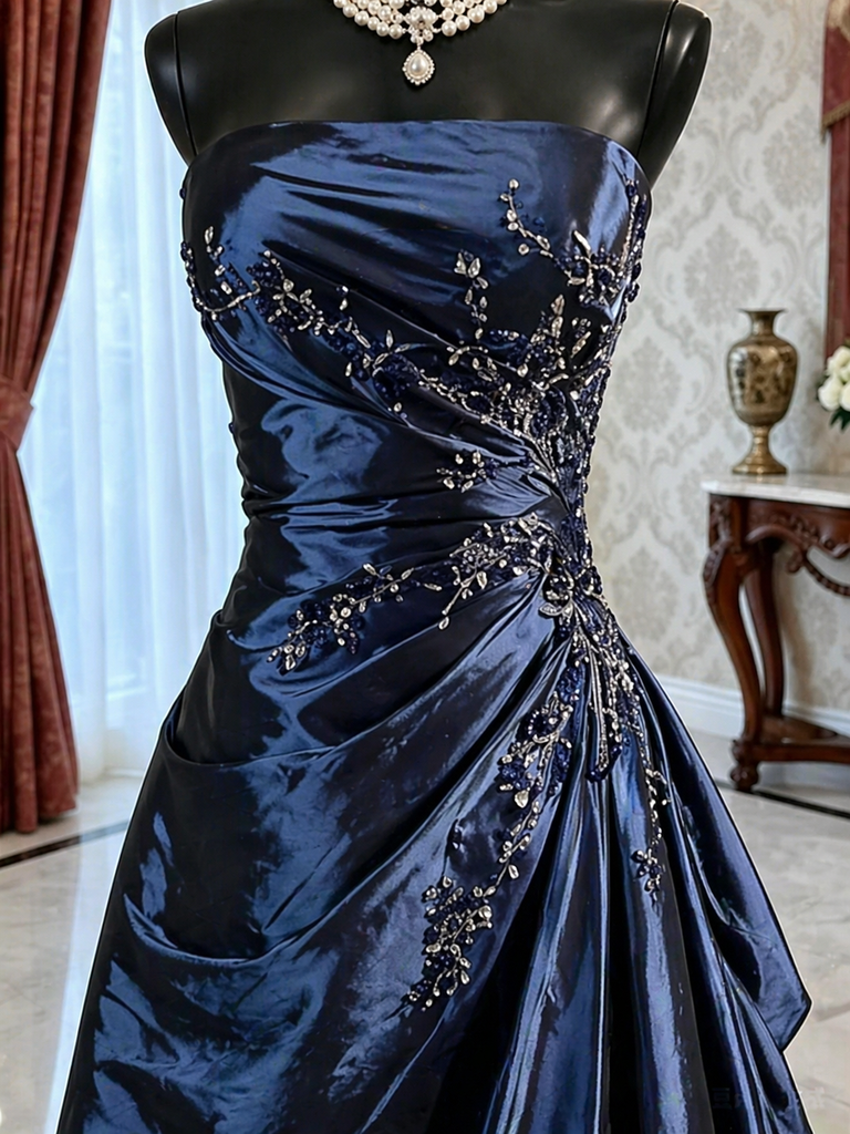 Unique Navy Blue Strapless Beaded Taffeta Mermaid Prom Dress for Fancy Events,OLP2226