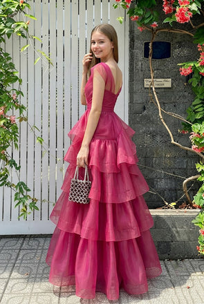 Stunning V-Neck Cap Sleeve Tiered Organza Long Evening Gown Pleated Prom Dress,OLP2345