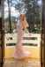 Sparkling Pink Sequin Mermaid Prom Dress Square Neck Thin Straps Gown,OLP1990