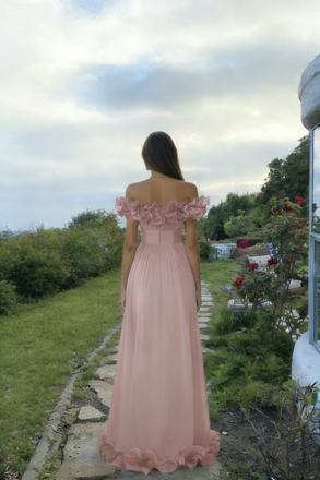 Unique Off Shoulder Pink Prom Dress Ruffle Neckline Chiffon A Line High Slit Gown,OLP2054