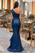 Classy Royal Blue One Shoulder Mermaid Prom Dress with Ruched Satin Bodice,OLP2243