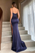 Sexy Navy Blue Sequin Prom Dress Spaghetti Strap Corset Bodice High Slit Gown,OLP2234