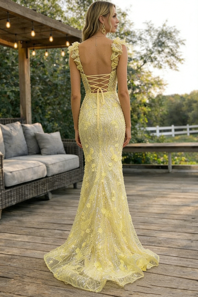 Elegant Mermaid Yellow Prom Dress 3D Floral Appliques Sweetheart Neckline,OLP2063