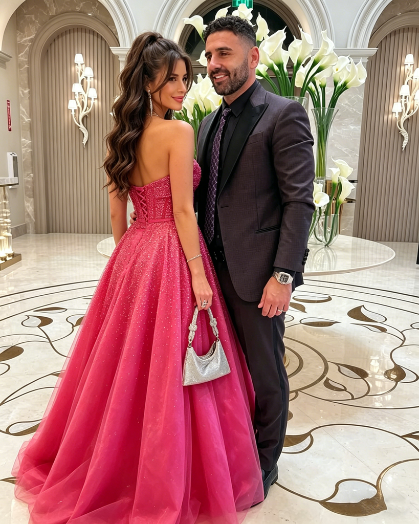 Modern Hot Pink Sparkly A-Line Prom Dress with Sweetheart Bow Neckline,OLP2240