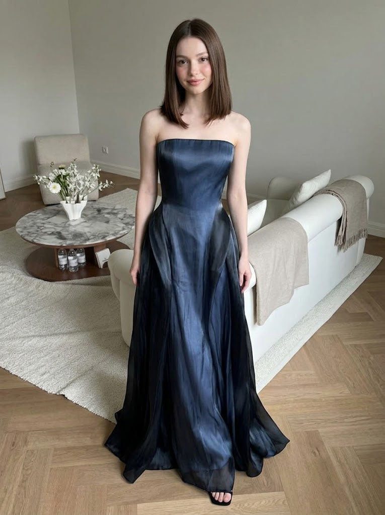 Modern Navy Strapless A-Line Evening Gown Classy Satin Floor Length Prom Dress,OLP2312