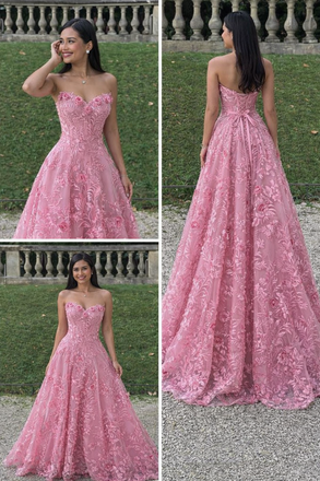 Elegant Strapless Pink Lace Prom Dress with 3D Floral Appliques,OLP1793