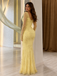 Stunning Yellow Sweetheart Long Sleeve Mermaid Prom Dress Floor Length Tulle Beaded Gown,OLP2400