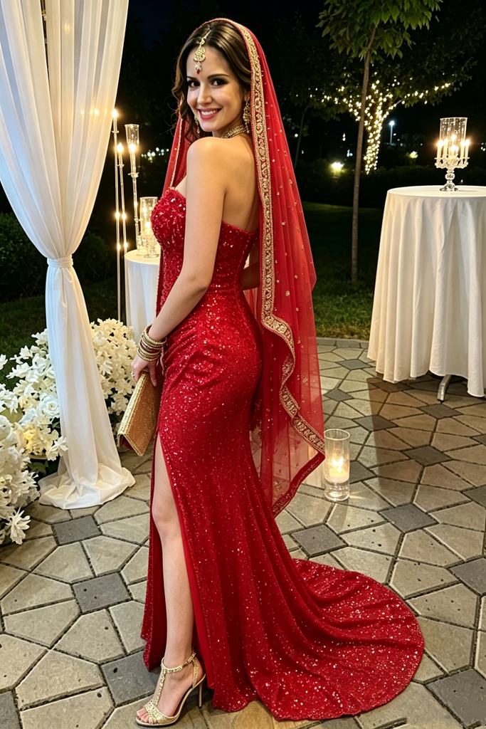 Sexy Red Sequin Mermaid Prom Dress Strapless High Slit Floor Length Evening Gown,OLP2277
