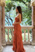 Stunning Burnt Orange Strapless Ruched Long Prom Dress Featuring Cascading Ruffle Slit,OLP2344