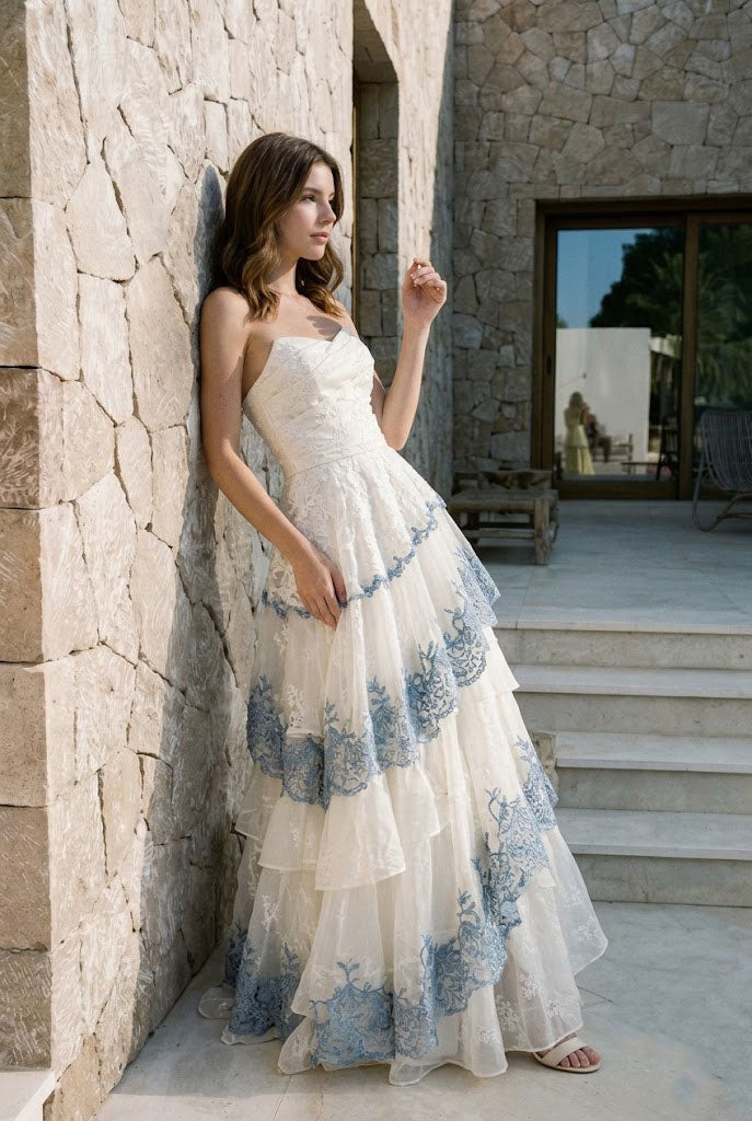 Strapless Ivory Tiered Prom Dress Modern Lace Applique Floor Length Formal Gown,OLP2319