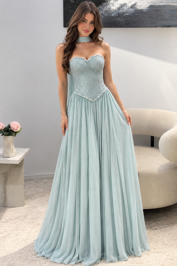 Stunning Sage Green Sweetheart Beaded Tulle Long Prom Dress,OLP2402