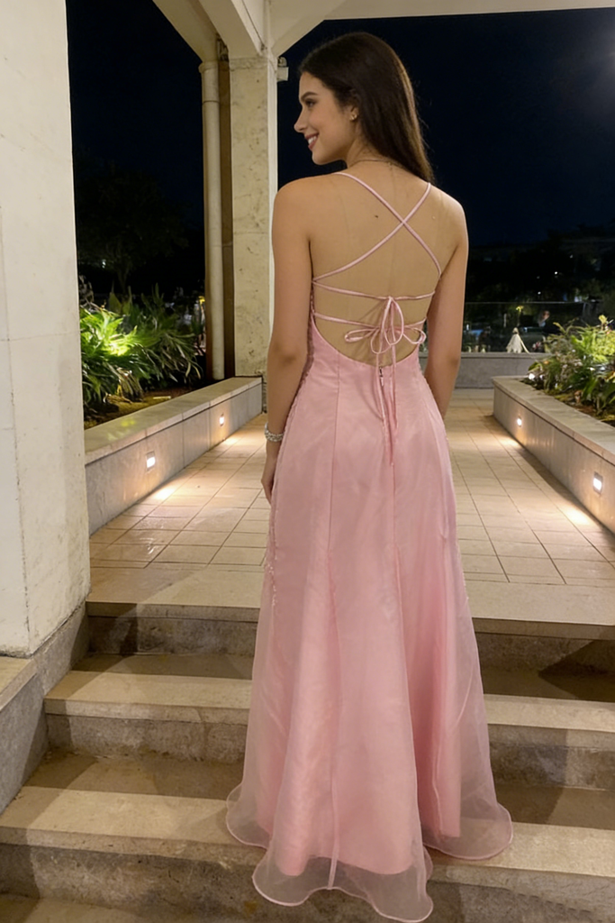 Embroidered Pink Strap Long Prom Dress Applique Modern Elegant Evening Gown,OLP2136