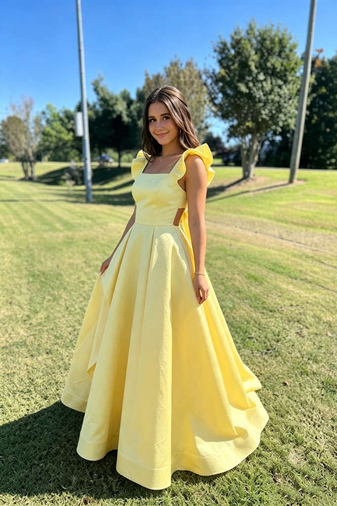 Pretty Yellow Square Neck Ruffle Sleeves Long Prom Dress,Evening Party Dress,OLP2359