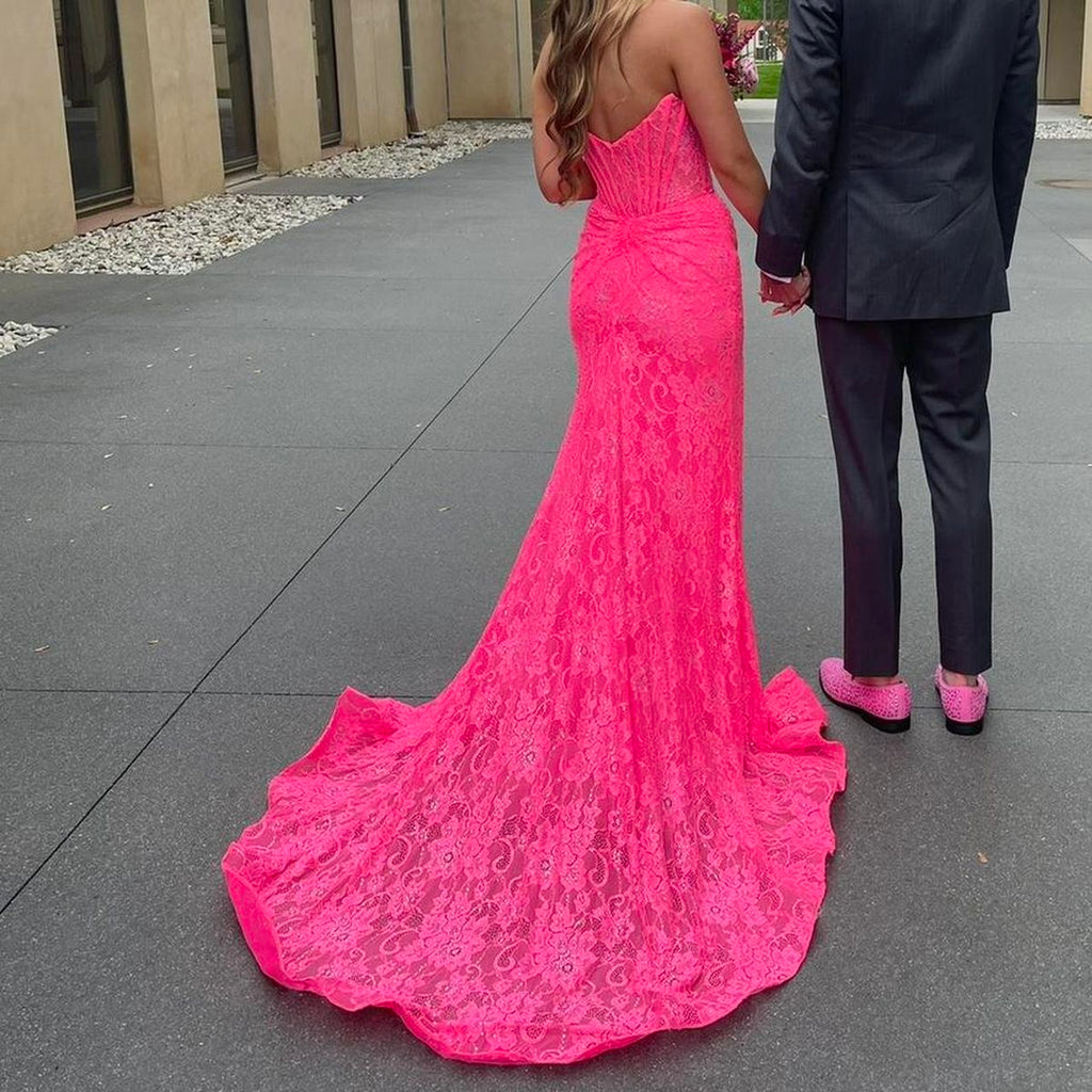 Unique Pink Lace Prom Gown with Sexy High Slit Halter V-Neck Sleeveless Mermaid Dress,OLP1743
