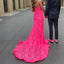 Unique Pink Lace Prom Gown with Sexy High Slit Halter V-Neck Sleeveless Mermaid Dress,OLP1743