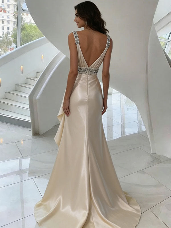 Elegant Champagne Satin Prom Dress V-Neck Sleeveless Ruched Mermaid Gown,OLP2089