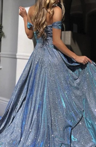 Shiny Blue Off-Shoulder A-Line Long Prom Dress Ideas, Evening Party Dresses, OLP1274