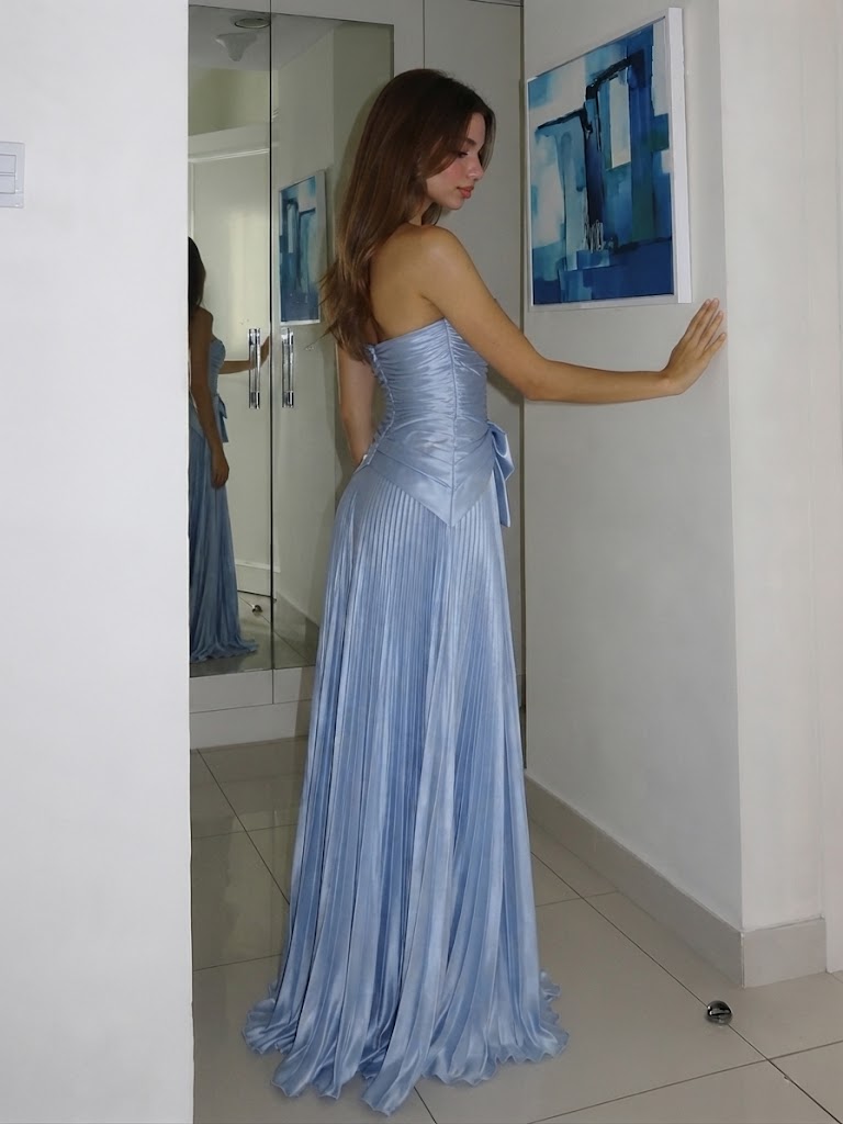 Light Blue Strapless Pleated Corset Bodice Evening Gown Chic Prom Dress,OLP2395