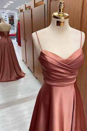 Elegant Brown Spaghetti Strap A-Line Long Prom Dress Ideas, Evening Party Dresses, OLP1247