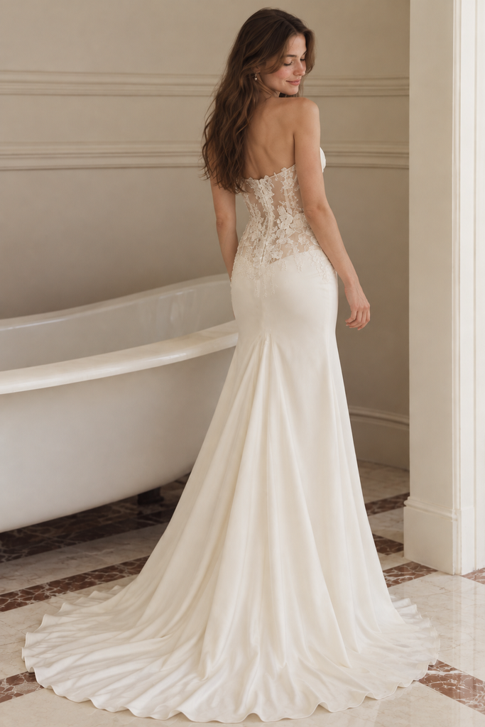 Classy Ivory Strapless Lace Corset Satin Mermaid Long Wedding Dresses,WD0679