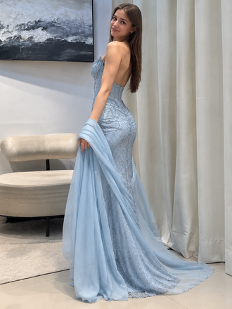 Icy Blue Strapless V-Neck Beaded Mermaid Prom Dress with Tulle Cape,OLP246