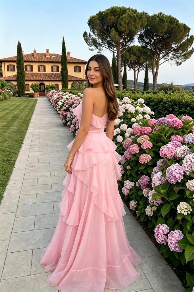 Sexy One Shoulder Pink Chiffon Prom Dress with Elegant Ruffle Layers ,OLP2235