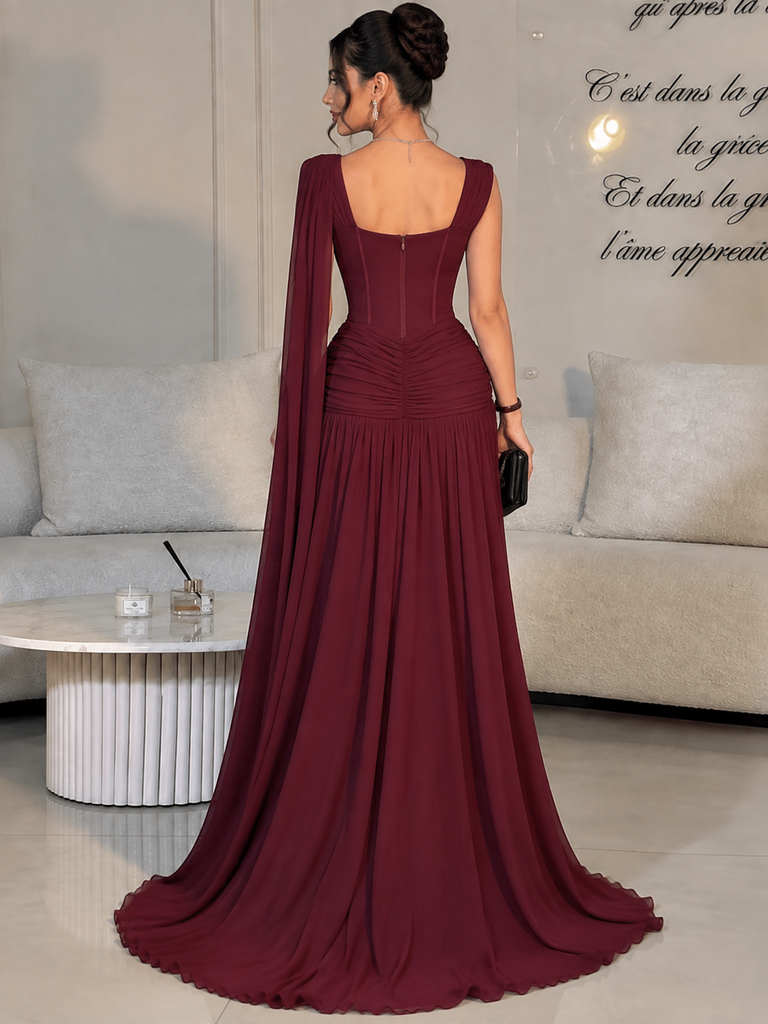 Stunning Burgundy Chiffon Cowl Neck Sleeveless A-Line Long Prom Dress,OLP254