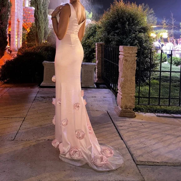 Elegant Pink Spaghetti Strap Mermaid Floral Long Prom Dress Ideas, Evening Party Dresses, OLP1396