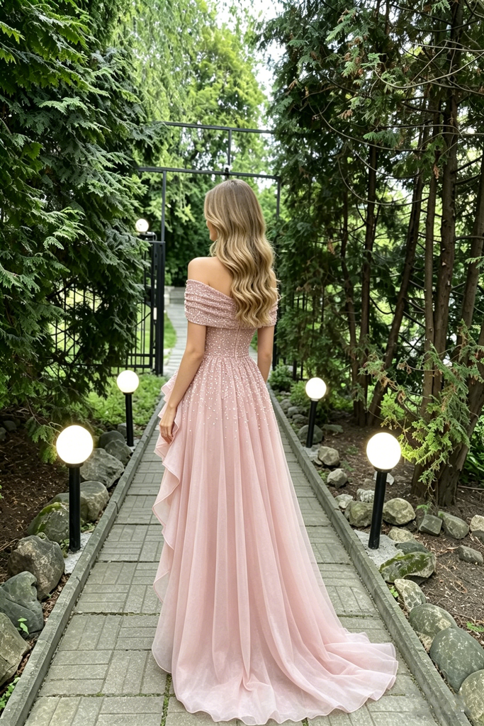 Sparkly Pink High Low Prom Dress Off Shoulder Sequin Ruffle Tulle Gown,OLP2199