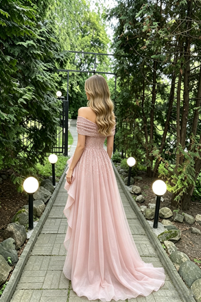 Sparkly Pink High Low Prom Dress Off Shoulder Sequin Ruffle Tulle Gown,OLP2199