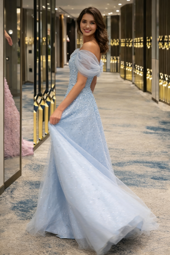Sparkly Off Shoulder Light Blue Ball Gown Prom Dress Beaded Tulle,OLP1932