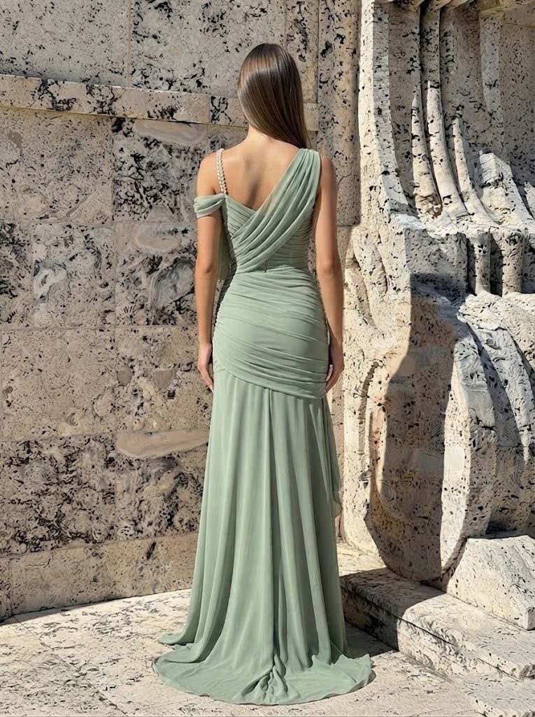 Sexy Sage Green One-Shoulder Slit Chiffon Modern Prom Dress,OLP2346