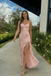 Sexy Sweetheart Pink Floral Applique Prom Dress High Ruffle Slit Gown,OLP2139