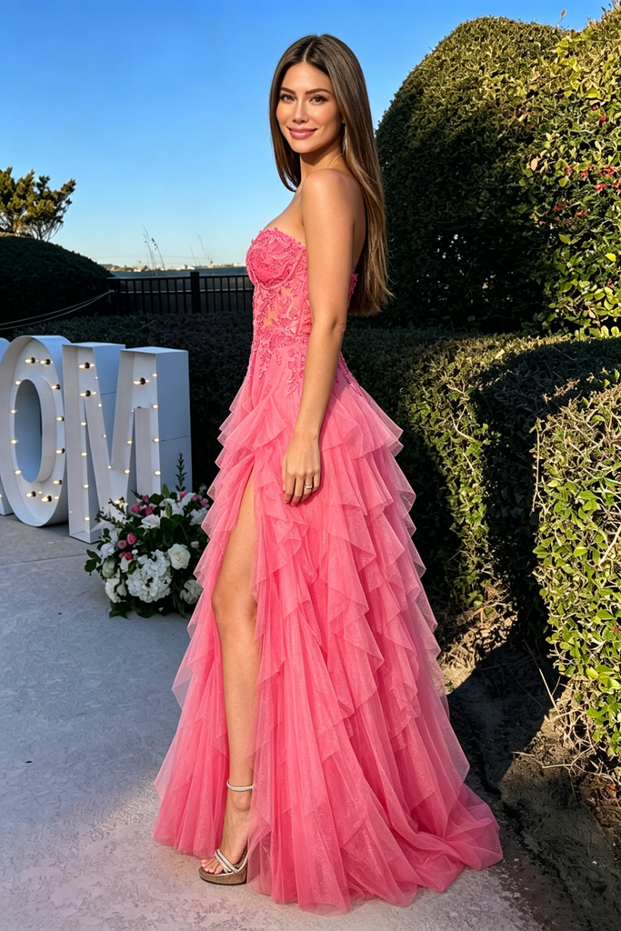 Hot Pink Prom Dress Sweetheart Corset Lace Tulle Tiered Ruffle Slit Floor Length,OLP2247
