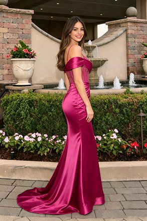 Sexy Fuchsia Off Shoulder Mermaid Prom Dress Ruched Satin Cold Shoulder Evening Gown,OLP2263