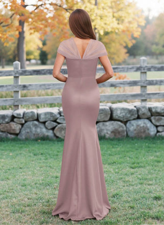 Elegant Pink V-Neck Short sleeves Mermaid Long Bridesmaid Dresses Online , BG875