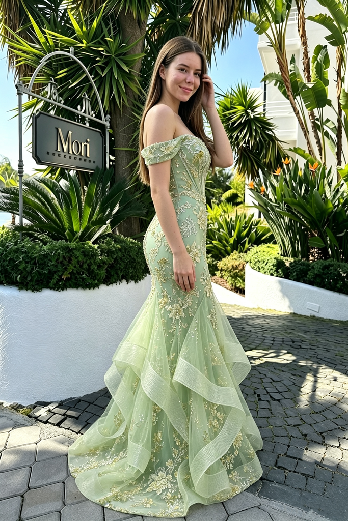 Pretty Mint Green Off Shoulder Sleeveless Floor-Length Tulle Embroidered Prom Dress,OLP2348