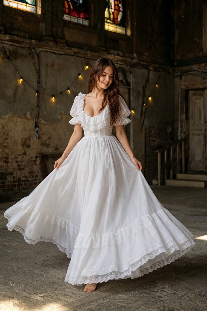 Classy White Long Prom Dress Scoop Neck Short Puff Sleeve Tulle Gown,OLP2352
