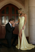 Fancy Beaded Boned Corset Strapless High Slit Yellow Satin Prom Gown,OLP2131