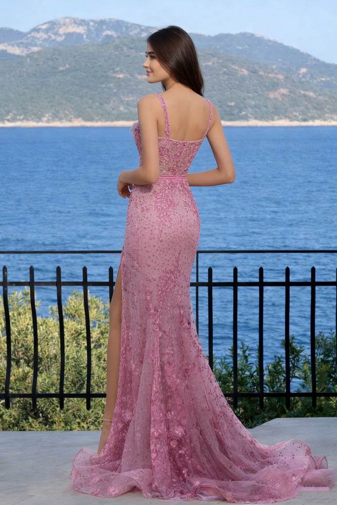 Sparkly Sequin Pink Mermaid Prom Dress Spaghetti Strap Lace Applique High Slit,OLP1962