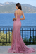 Sparkly Sequin Pink Mermaid Prom Dress Spaghetti Strap Lace Applique High Slit,OLP1962