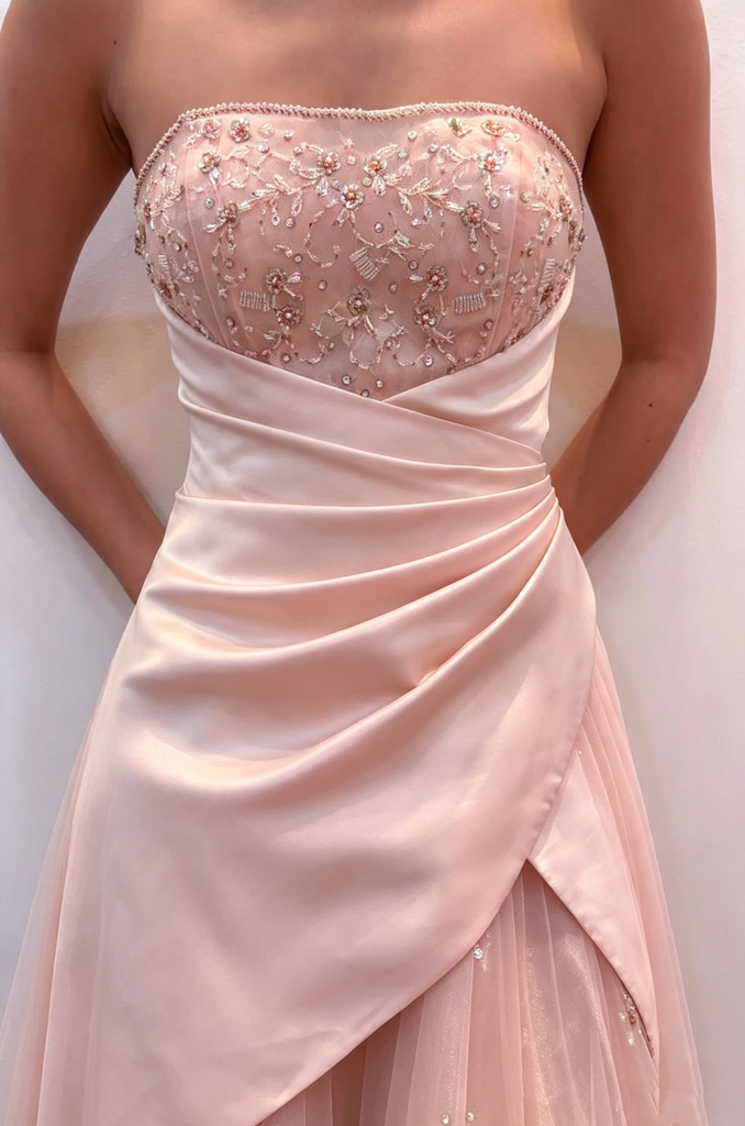 Fancy Pink Tulle Evening Gown Sweetheart Strapless Long Prom Dress Beaded,OLP2354