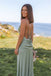 Stunning Sage Green Satin Maxi Prom Dress V-Neck Draped Waist Thigh Slit,OLP2381