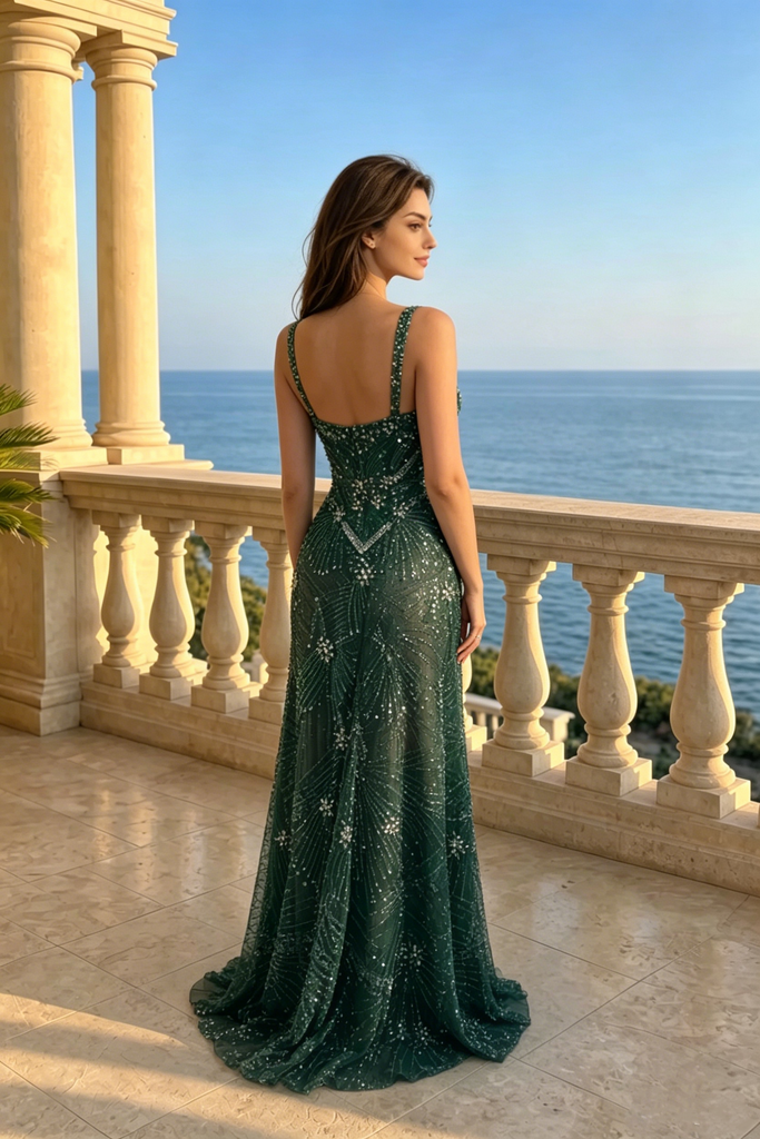 Sexy Emerald Green Sweetheart Sleeveless Slit Evening Gown Beaded Mesh Long Prom Dress,OLP2268