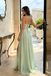 Modern Mint Green Lace Bodice Chiffon High Slit A-Line Prom Dress,OLP2390