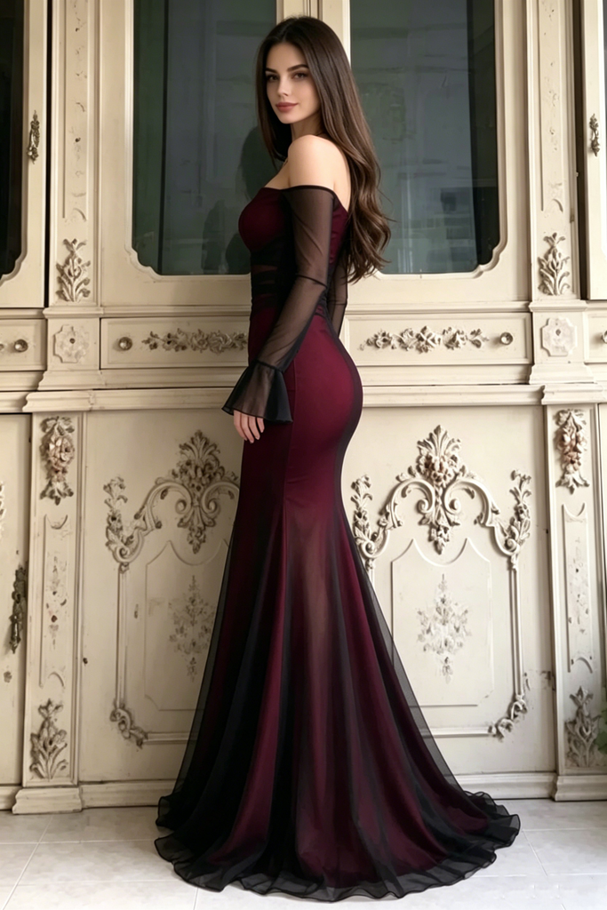 Modern Elegant Burgundy Mermaid Prom Dress Off-Shoulder Long Sleeve Formal Gown,OLP2275
