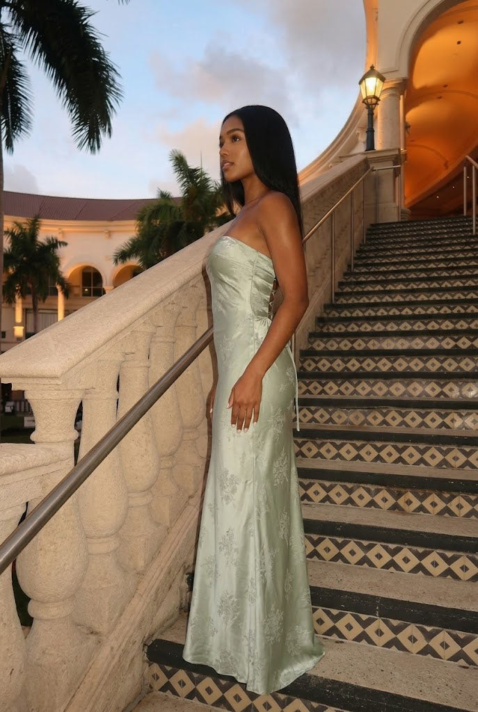 Modern Sage Green Satin Column Gown Elegant Floral Strapless Floor Prom Dress,OLP2307